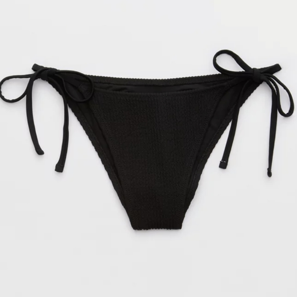 aerie Black Tie-Side Crinkle Textured Bikini Bottom Small